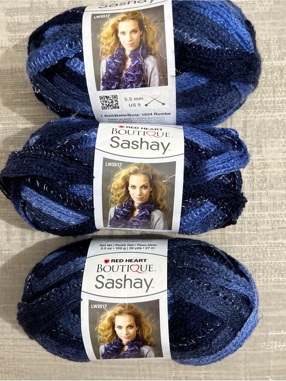 (3) New Red Heart Boutique Sashay Rumba Metallic Yarn Blues Mix 3.5oz